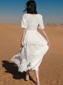 White Puff Sleeve Empire Waist Long Beach Dress