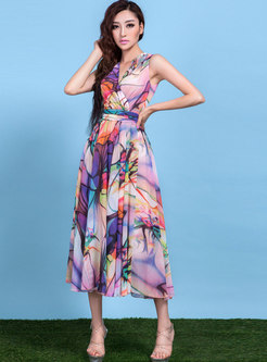 Boho Sleeveless Print Long Beach Wrap Dress
