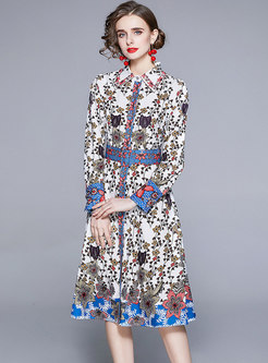 Turn-down Collar Floral Shirt Midi Dress