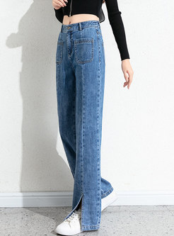 High Waisted Split Straight Jeans