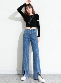 High Waisted Split Straight Jeans