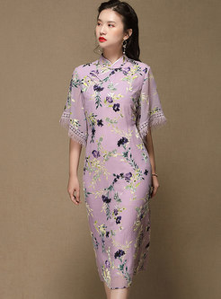 Mandarin Collar Embroidered Fringe Cheongsam Dress