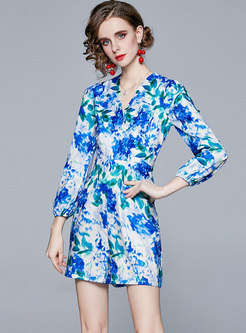 V-neck Puff Sleeve Print High Waisted Rompers