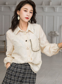 Turn-down Collar Fringe Sweet Blouse With Pocket