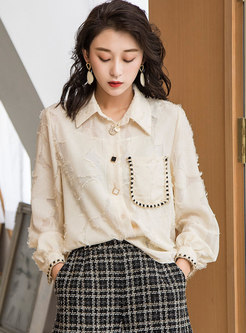 Turn-down Collar Fringe Sweet Blouse With Pocket