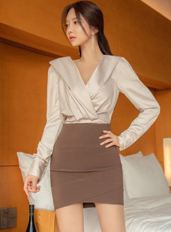 V-neck Ruched High Waisted Bodycon Mini Skirt Suits