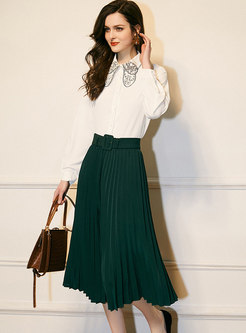 White Embroidered Blouse & A Line Pleated Skirt