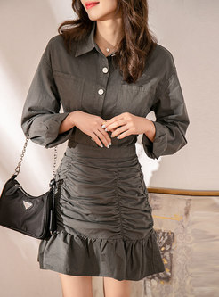 Solid Long Sleeve Ruched A Line Mini Dress