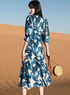 V-neck Print Chiffon A Line Beach Midi Dress