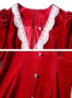 Red Lace Patchwork Velvet Cocktail Dress