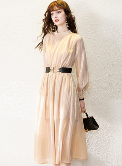 Mock Neck High Waisted Belted Pleated Dress