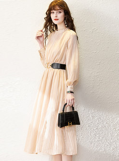 Mock Neck High Waisted Belted Pleated Dress