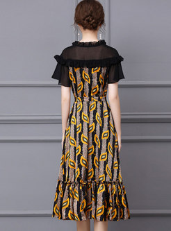 Ruffle Patchwork Print Empire Waist Midi Dress