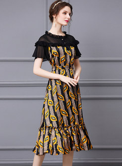 Ruffle Patchwork Print Empire Waist Midi Dress