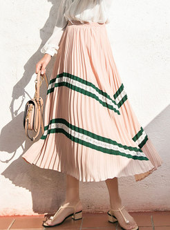High Waisted Striped Pleated Long Skirt