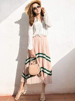 High Waisted Striped Pleated Long Skirt