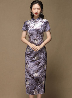 Mandarin Collar Print Velvet Sheath Cheongsam