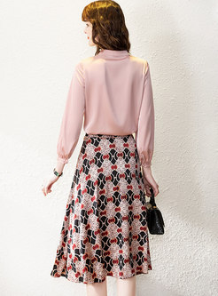 Bowknot Print Ribbon Blouse & A Line Pleated Skirt