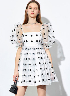 Cute White Gauze Polka Dot A Line Mini Dress
