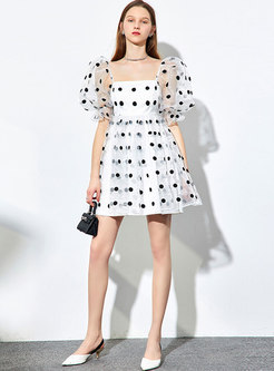 Cute White Gauze Polka Dot A Line Mini Dress