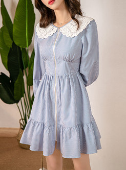Doll Collar Empire Waist Striped Mini Dress