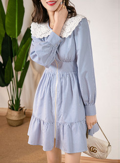 Doll Collar Empire Waist Striped Mini Dress