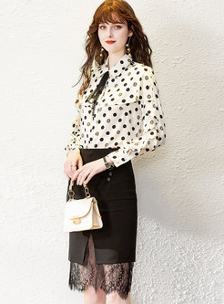 Polka Dot Ruffle Lace Bodycon Skirt Suits