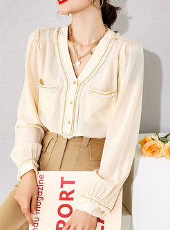 V-neck Pullover Lettuce Silk Blouse With Chain