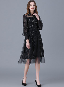 Black Turn-down Collar Lace Sequin Plus Size Dress