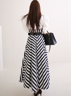 Puff Sleeve Pullover Blouse & A Line Striped Maxi Skirt