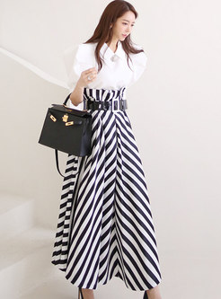Puff Sleeve Pullover Blouse & A Line Striped Maxi Skirt