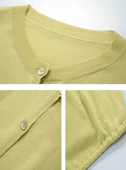 Long Sleeve Single-breasted Drawstring Knit Top