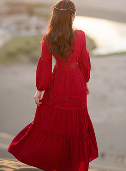 Boho Red Long Sleeve Empire Waist Beach Maxi Dress