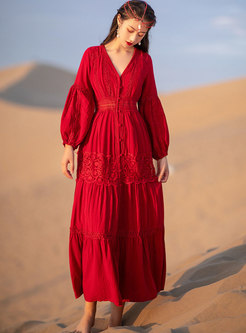 Boho Red Long Sleeve Empire Waist Beach Maxi Dress