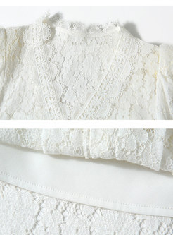 White V-neck Openwork Lace Blouse With Cami