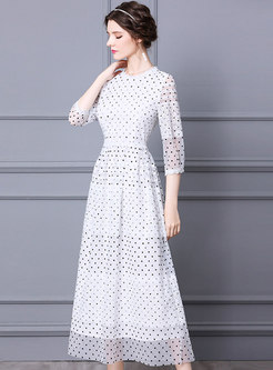 White 3/4 Sleeve Polka Dot Lace Prom Dress