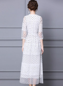 White 3/4 Sleeve Polka Dot Lace Prom Dress
