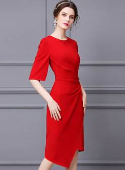 Red Half Sleeve Asymmetric Ruched Cocktail Dress