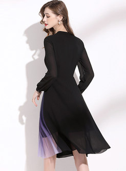Black V-neck Patchwork A Line Chiffon Dress