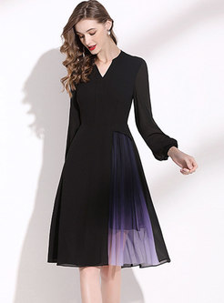 Black V-neck Patchwork A Line Chiffon Dress