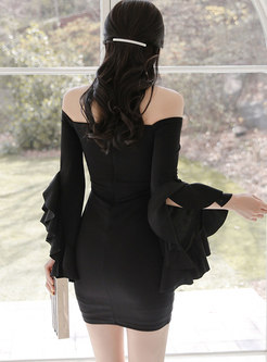 Black Off-the-shoulder Flare Sleeve Bodycon Dress