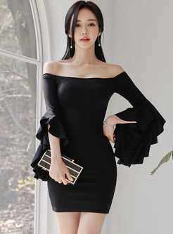 Black Off-the-shoulder Flare Sleeve Bodycon Dress