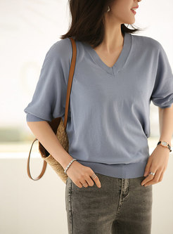 Solid V-neck Half Sleeve Pullover T-shirt