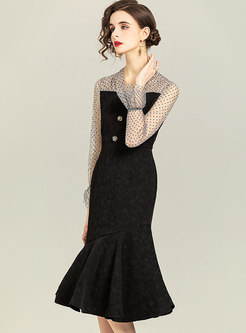 Black Polka Dot V-neck Patchwork Peplum Dress