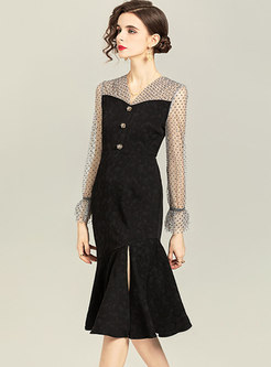 Black Polka Dot V-neck Patchwork Peplum Dress
