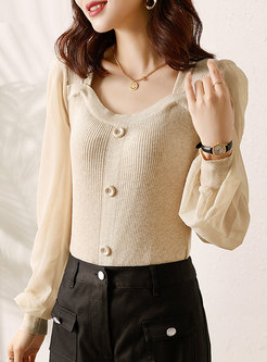 Lantern Sleeve Patchwork Pullover Knit Top