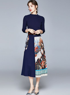3/4 Sleeve Sweater Patchwork Pleated Maxi Dress