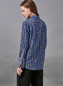 Blue Turn-down Collar Print Silk Blouse