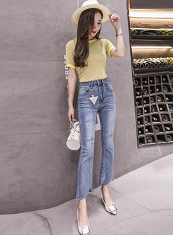 High Waisted Ripped Asymmetric Bell Bottom Jeans