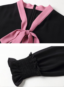 Black Color Blocked Bowknot Ribbon Chiffon A Line Dress